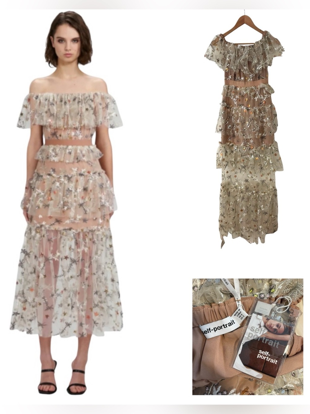 Self Portrait Star Embellished Off-Shoulder Tiered Midi Dress